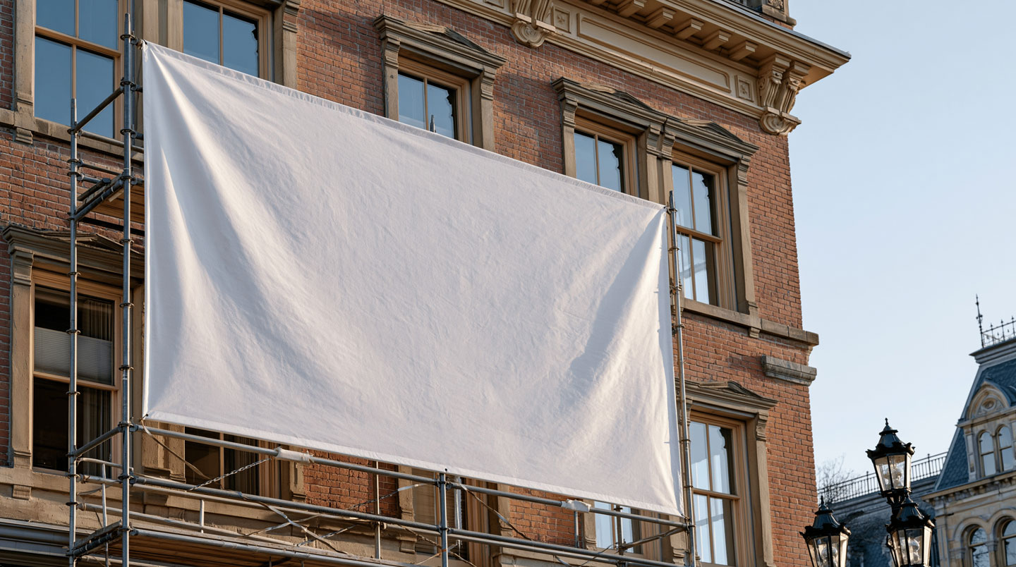 Technicien professionnel sur échafaudage préparant la surface d'une façade parisienne avant installation de bâche imprimée, nettoyage et inspection du support avec outils spécialisés