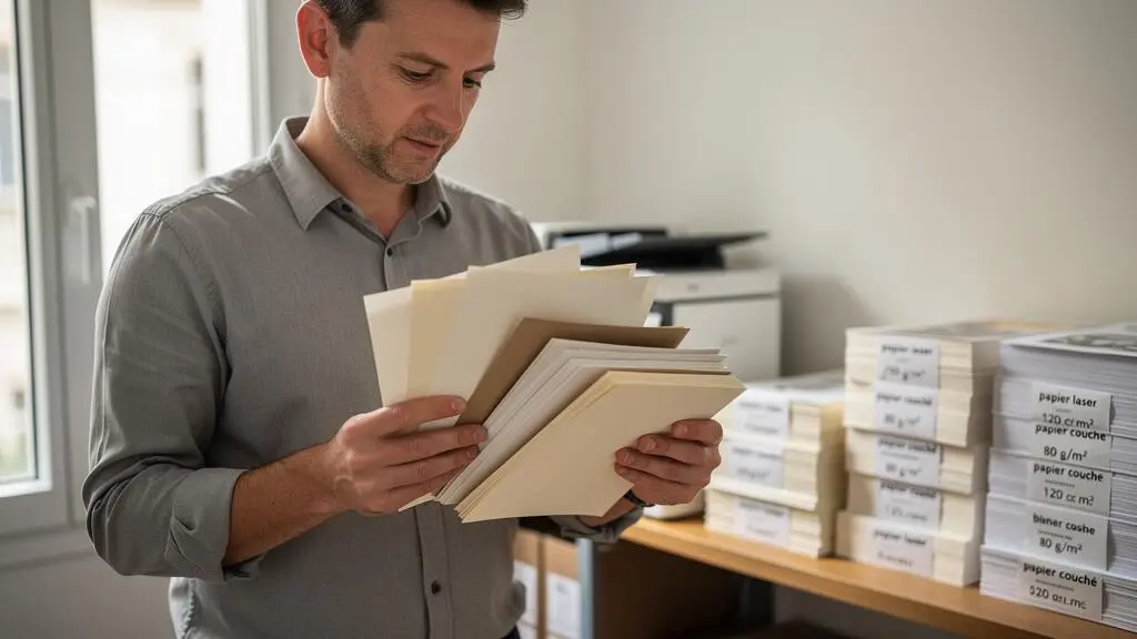Professionnel comparant différents types de papier laser pour l'impression de flyers dans un bureau