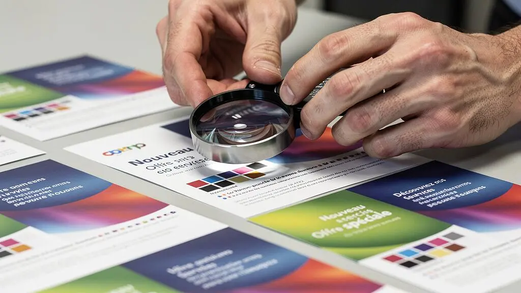Examen détaillé de la qualité d'impression de flyers laser couleur avec une loupe de contrôle professionnel