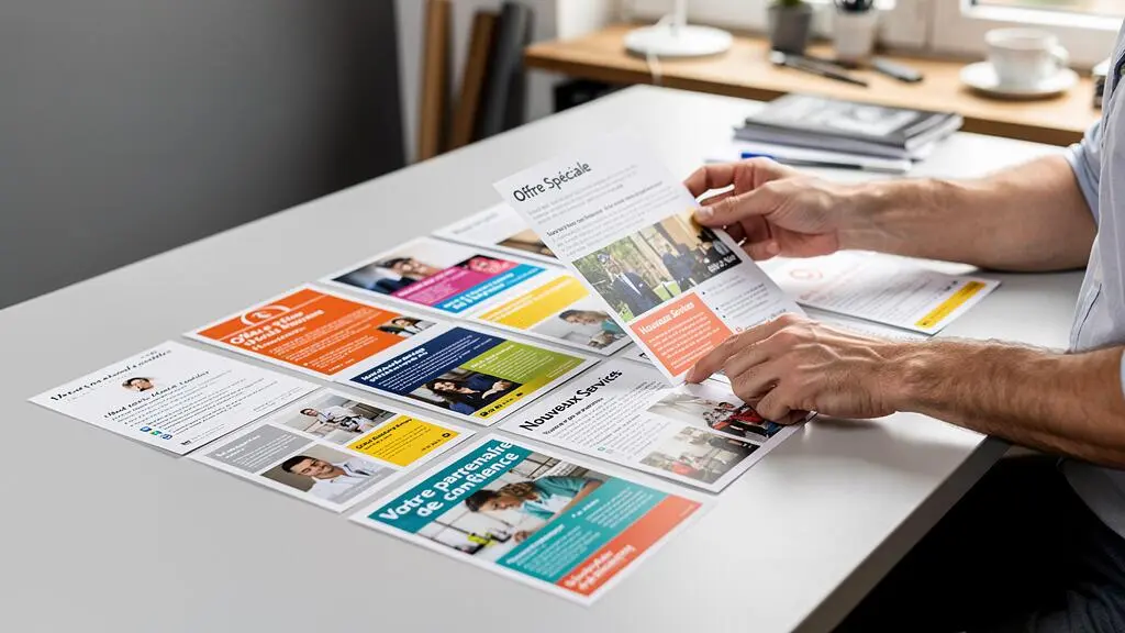 Graphiste évaluant la qualité couleur de flyers imprimés au laser sur un bureau professionnel