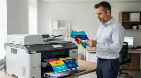 Professionnel récupérant des flyers fraîchement imprimés d'une imprimante laser couleur dans un bureau