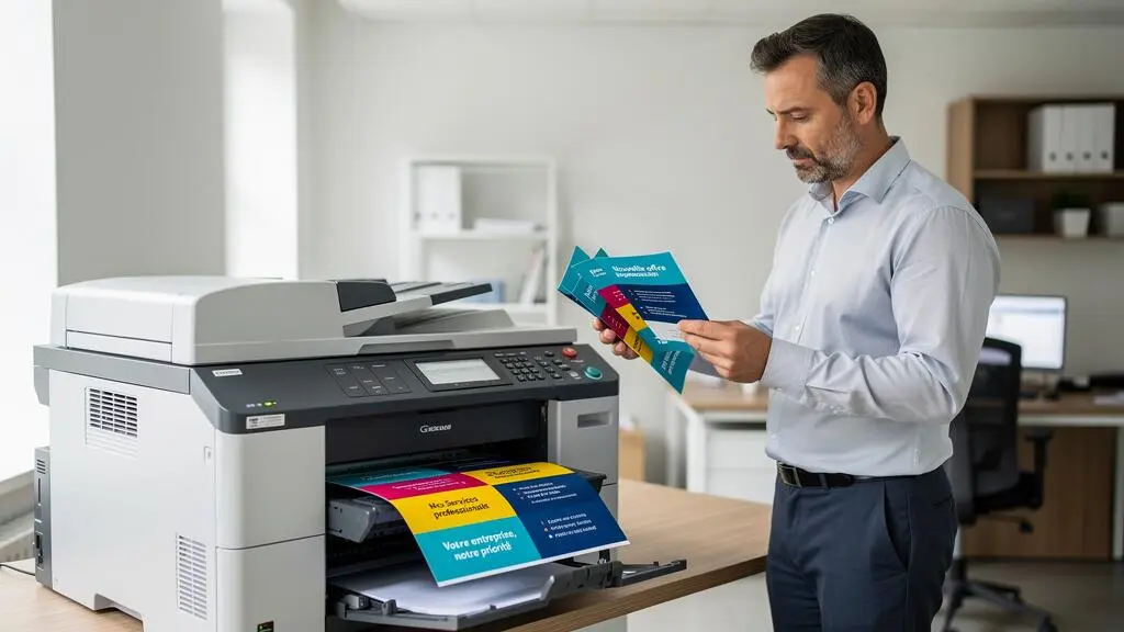 Professionnel récupérant des flyers fraîchement imprimés d'une imprimante laser couleur dans un bureau